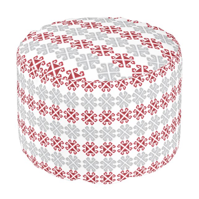 Latvian red and gray geometric Moon cross Pouf (Angled Front)