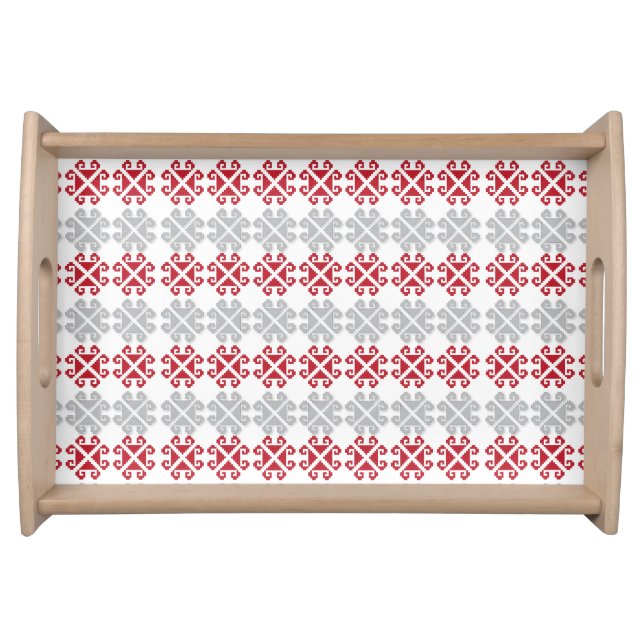 Latvian red and gray geometric Moon cross Serving Tray (Front)