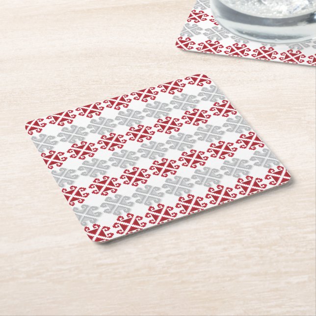Latvian red and gray geometric Moon cross Square Paper Coaster (Angled)