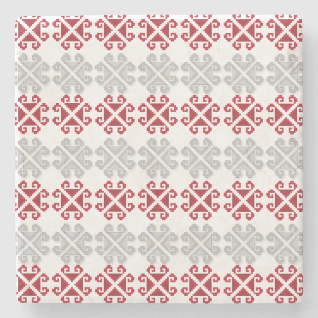 Latvian red and gray geometric Moon cross Stone Coaster (Front)