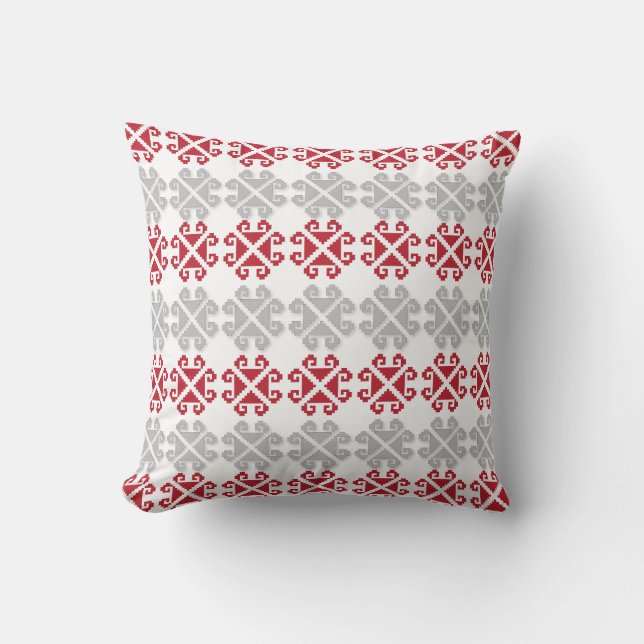 Latvian red and gray geometric Moon cross Throw Pillow (Front)