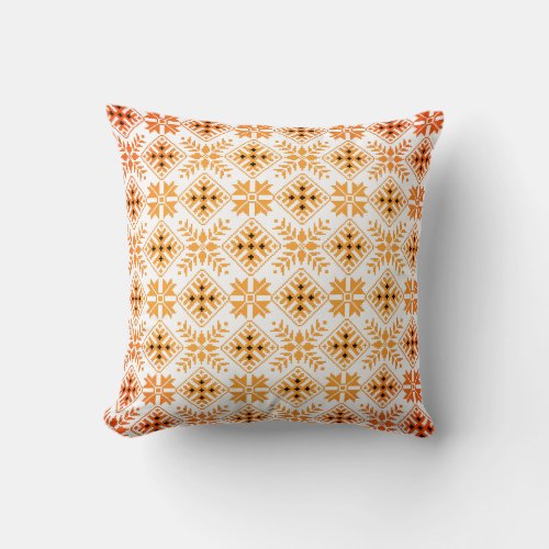 Latvian Vintage orange and white folk art pattern Throw Pillow