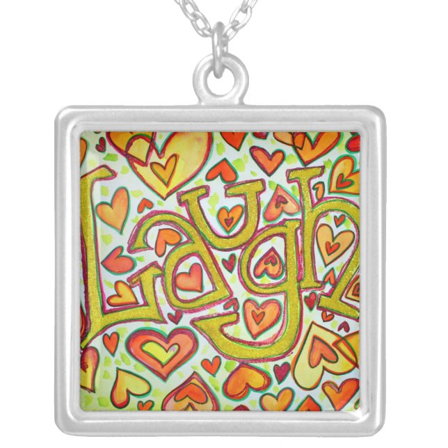 Laugh Glitter Word Art Silver Necklace Charm (Front)