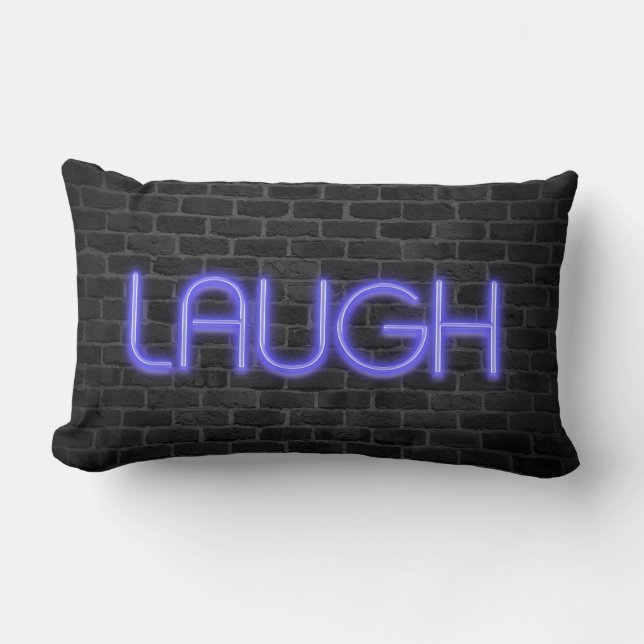 LAUGH text in neon lights on brick Lumbar Pillow (Front)