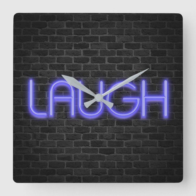 LAUGH text in neon lights on brick Square Wall Clock (Front)