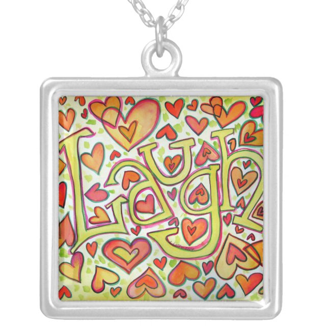 Laugh Word Painting Artwork Silver Necklace Charm (Front)