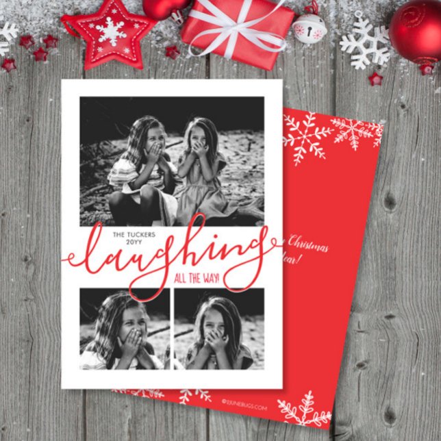 Laughing All the Way 3-Photo Snow Red Christmas Holiday Card (Creator Uploaded)