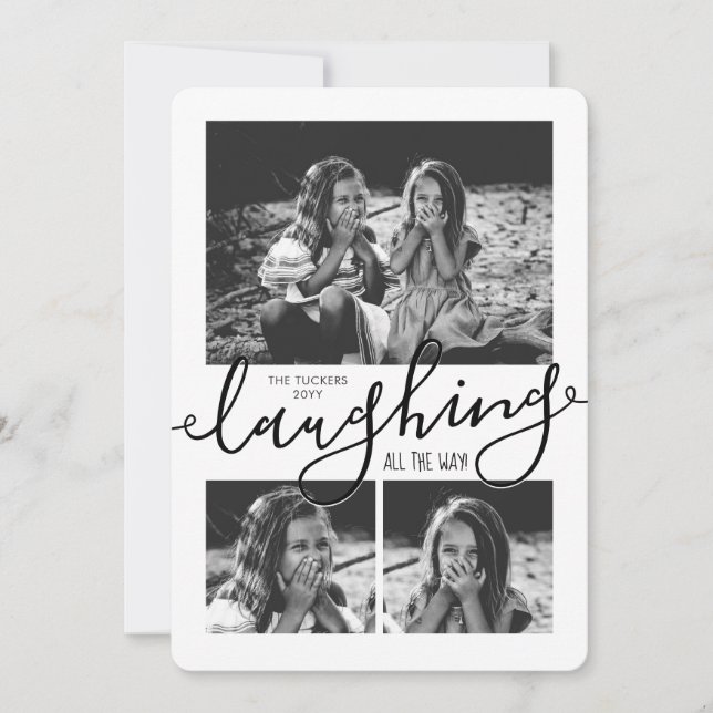 Laughing All the Way 3-Photo Snowflakes Christmas Holiday Card (Front)