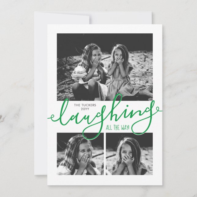 Laughing All the Way 3-Photo Snowy Green Christmas Holiday Card (Front)