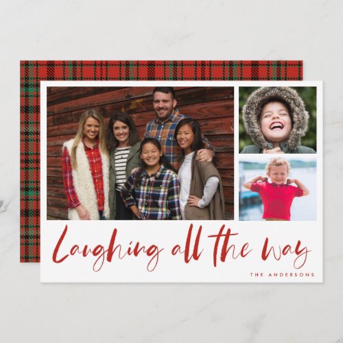 Laughing All the Way Modern 3 Photo Plaid Card