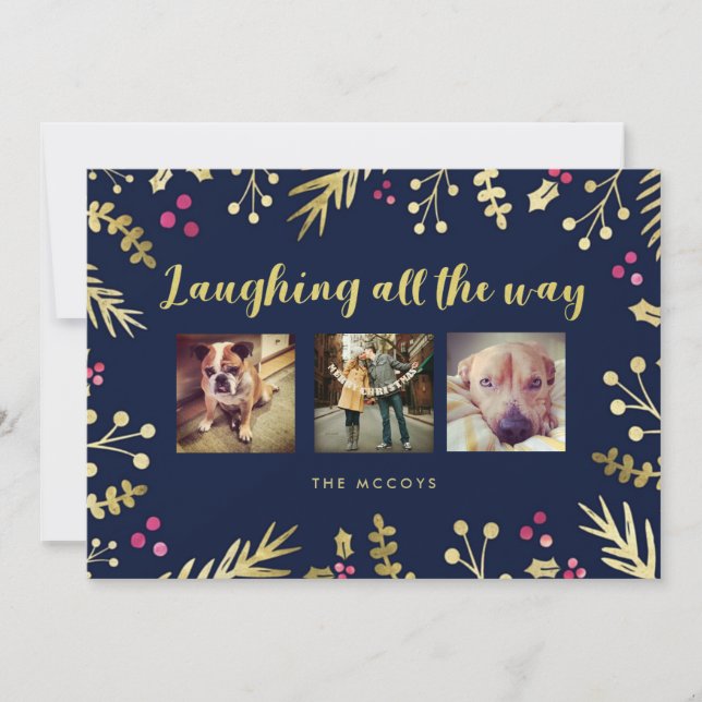 Laughing All the Way Navy Holiday Christmas Photo Card (Front)