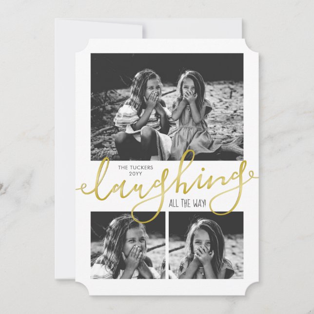 Laughing All the Way Photo Snow on Gold Christmas Holiday Card (Front)