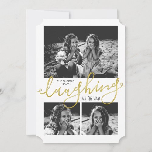 Laughing All the Way Photo Snow on Gold Christmas Holiday Card