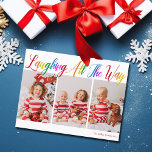 Laughing All The Way Rainbow 3 Christmas Photo Holiday Postcard<br><div class="desc">Beautiful,  colorful 3 photo Christmas postcard with Laughing All the Way in pretty rainbow cursive script. Personalize with your three favorite vertical family photographs of your smiling kids above your name or custom greeting in red. Fun and cheerful holiday postcards.</div>