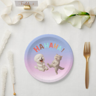 Laughing Besties: HAHAHA! Smiling Bichon & Cat Art Paper Plates
