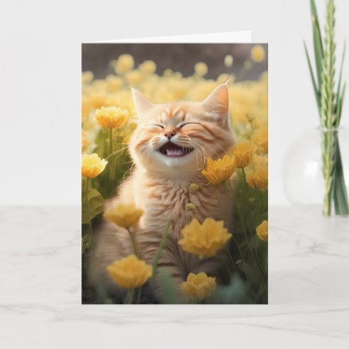 Laughing Birthday Kitten In Flowers Card