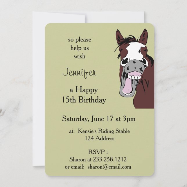 Laughing Cartoon Horse Birthday Custom Invite (Back)