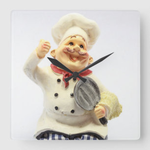 Laughing chef with pan pottery figurine square wall clock