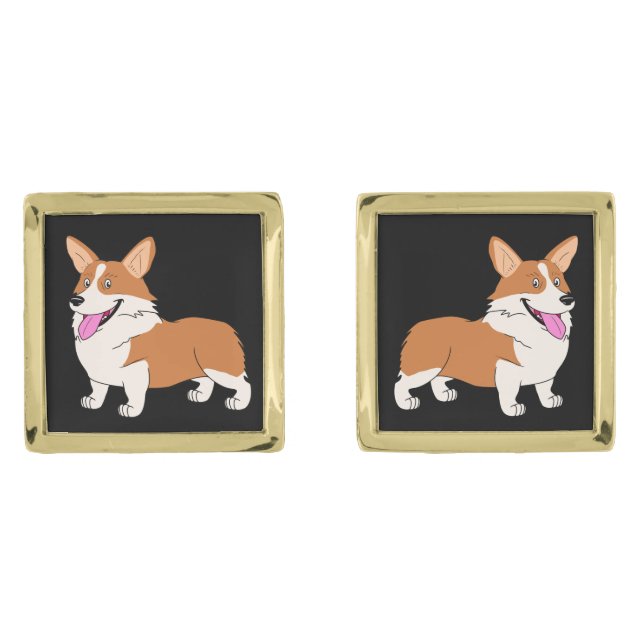 Laughing Corgi Cartoon Gold Cufflinks (Front)