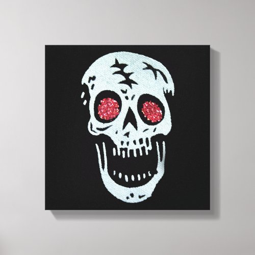 Laughing Cracked Skull Red Faux glitter eyes Canvas Print