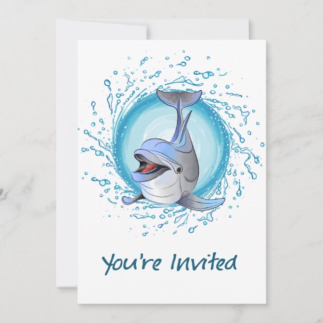 Laughing Dolphin in Splash Circle You're Invited Invitation (Front)
