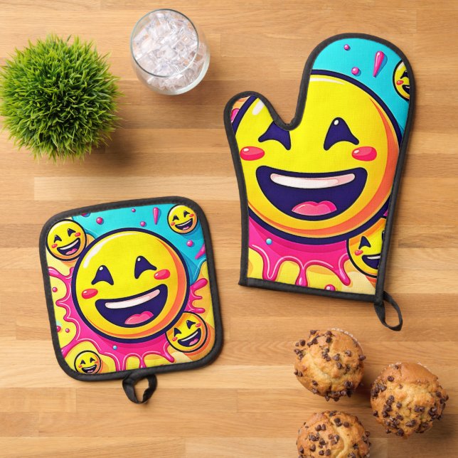 Laughing Emoji Splash Party Oven Mitt & Pot Holder Set (Top Down)