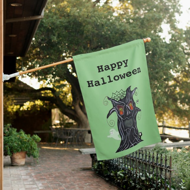 Laughing Evil Black Halloween Tree Ghost Cat Green House Flag (In SItu)