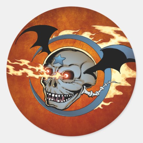 Laughing Flaming Eyeballs Skull with Bat Wings Classic Round Sticker