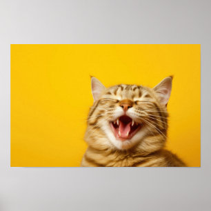 Laughing Ginger Cat on Yellow Background — Cute Fu Poster