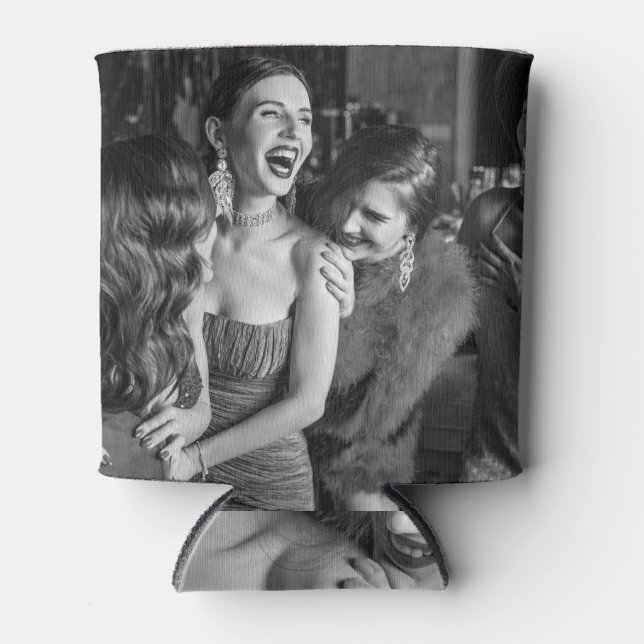 Laughing girls: stylish black-white photo can cooler (Front)