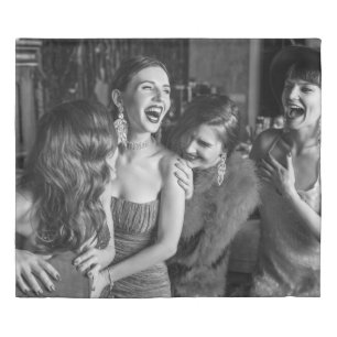Laughing girls: stylish black-white photo duvet cover