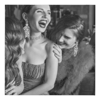 Laughing girls: stylish black-white photo faux canvas print