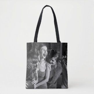 Laughing girls: stylish black-white photo tote bag