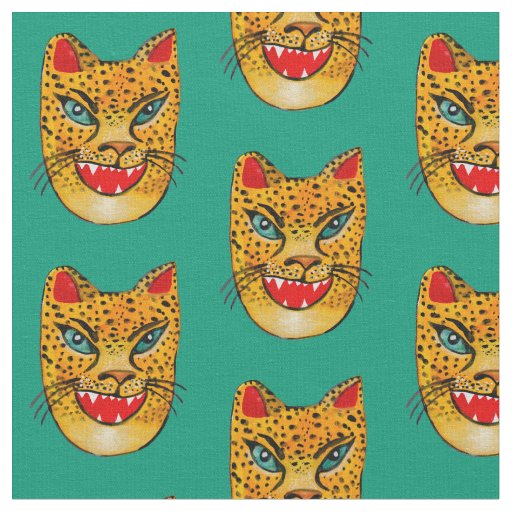 Laughing Jaguar Watercolor Green Fabric