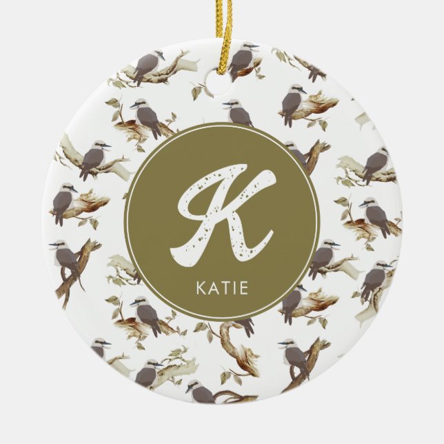 Laughing Kookaburra Australian Eucalyptus Monogram Ceramic Ornament (Front)