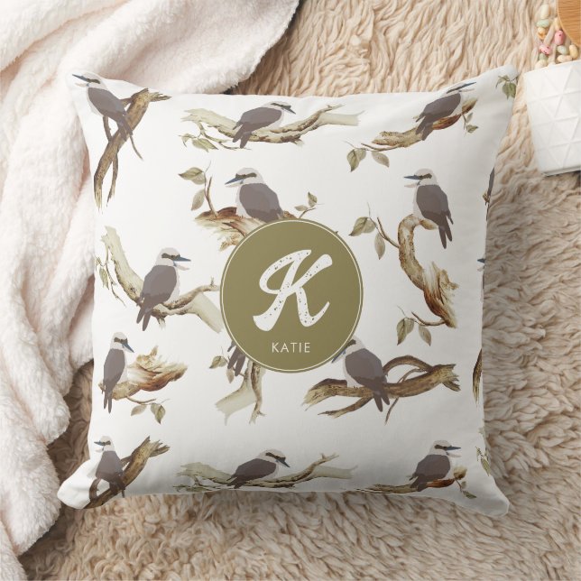 Laughing Kookaburra Australian Eucalyptus Monogram Throw Pillow (Blanket)