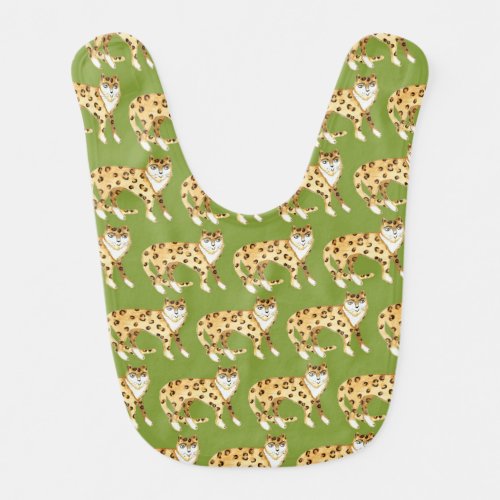 Laughing Leopard Watercolor Pattern Avocado Green Baby Bib