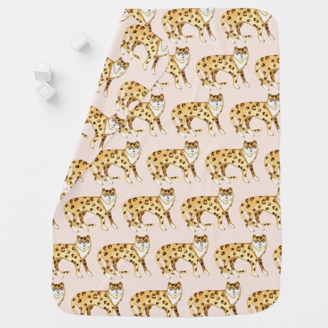 Laughing Leopard Watercolor Pattern Soft Pink Baby Blanket (In Situ)