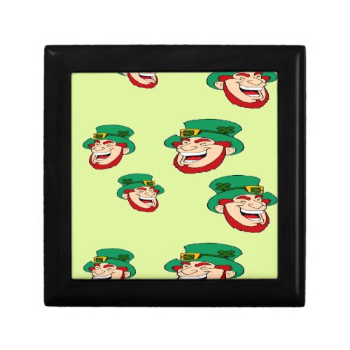 Laughing leprechauns on light green gift box