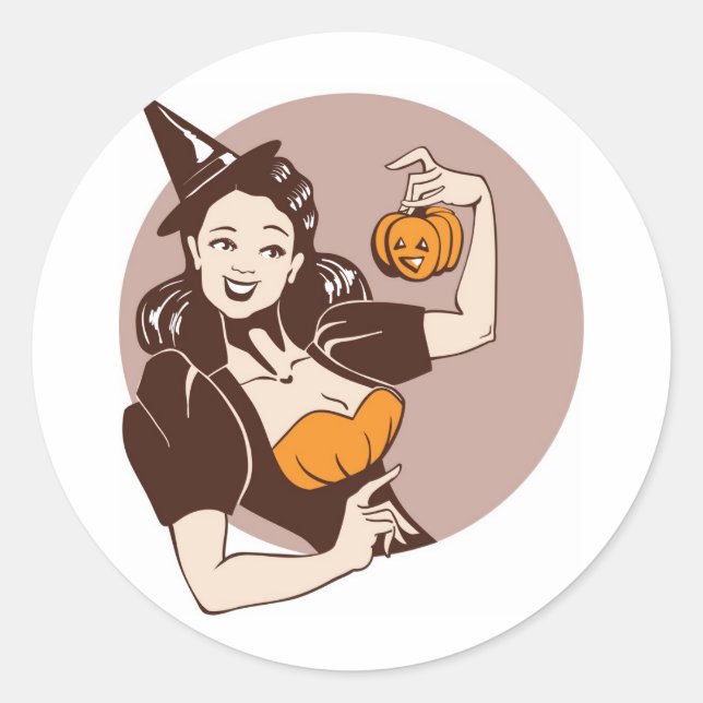 laughing pretty girl in witch costume  with pumpki classic round sticker (Front)