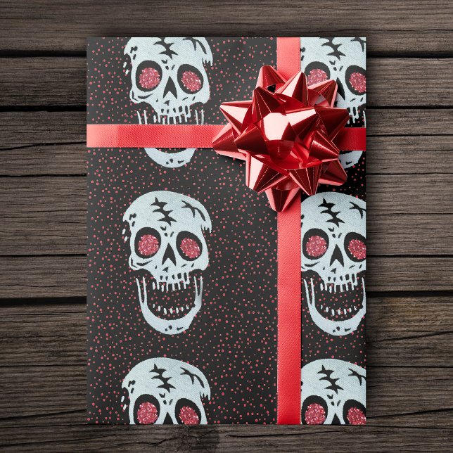 Laughing Red Glitter Eye Skull Wrapping Paper (Lauging skulls with glitter glowing red eyes on red dots on black gift wrapping paper roll.)