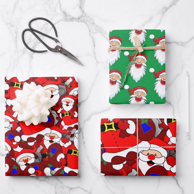 Laughing Santa and Smiling Claus Pattern Wrapping Paper Sheets (Front)