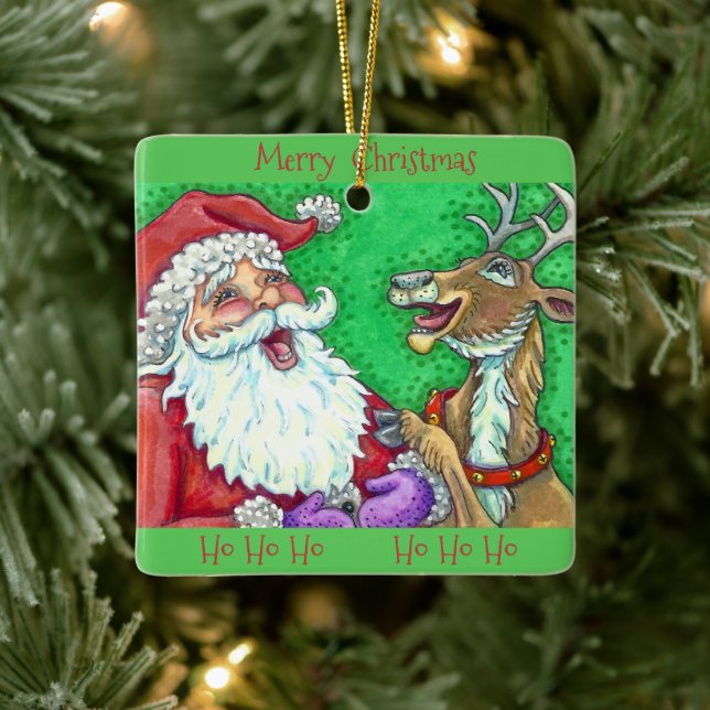 LAUGHING SANTA & REINDEER CHRISTMAS CERAMIC ORNAMENT (Tree)