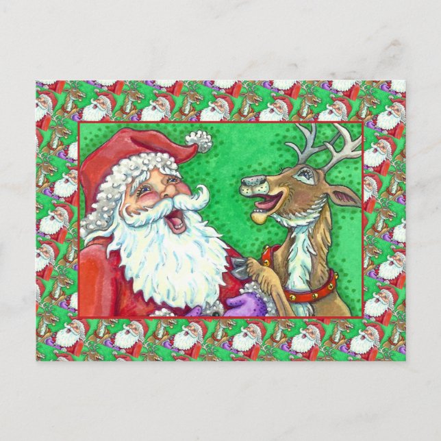 LAUGHING SANTA & REINDEER KNOCK KNOCK JOKES Funny Holiday Postcard (Front)