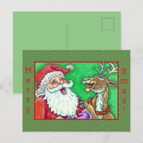 LAUGHING SANTA & REINDEER KNOCK KNOCK JOKES Funny Holiday Postcard