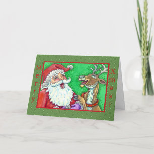 LAUGHING SANTA & REINDEER KNOCK KNOCK JOKES Verse Holiday Card