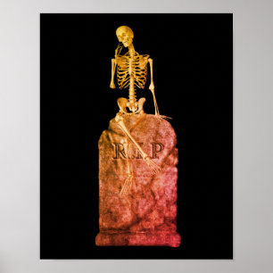 Laughing Skeleton On Tombstone Halloween Poster