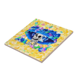 Laughing Skeleton Woman Dia De Los Muertos Ceramic Tile