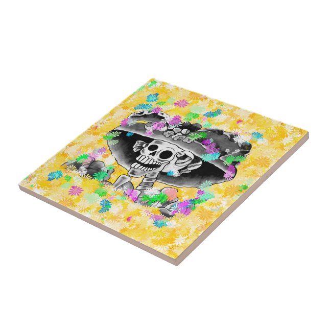 Laughing Skeleton Woman Dia De Los Muertos Ceramic Tile (Side)