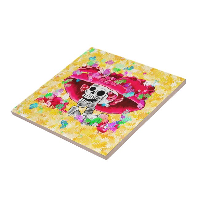 Laughing Skeleton Woman Dia De Los Muertos Ceramic Tile (Side)